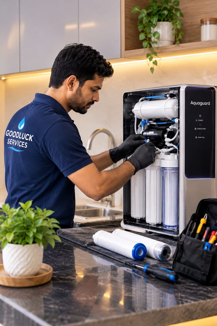 Goodluck Services technician repairing an RO water purifier in a home kitchen