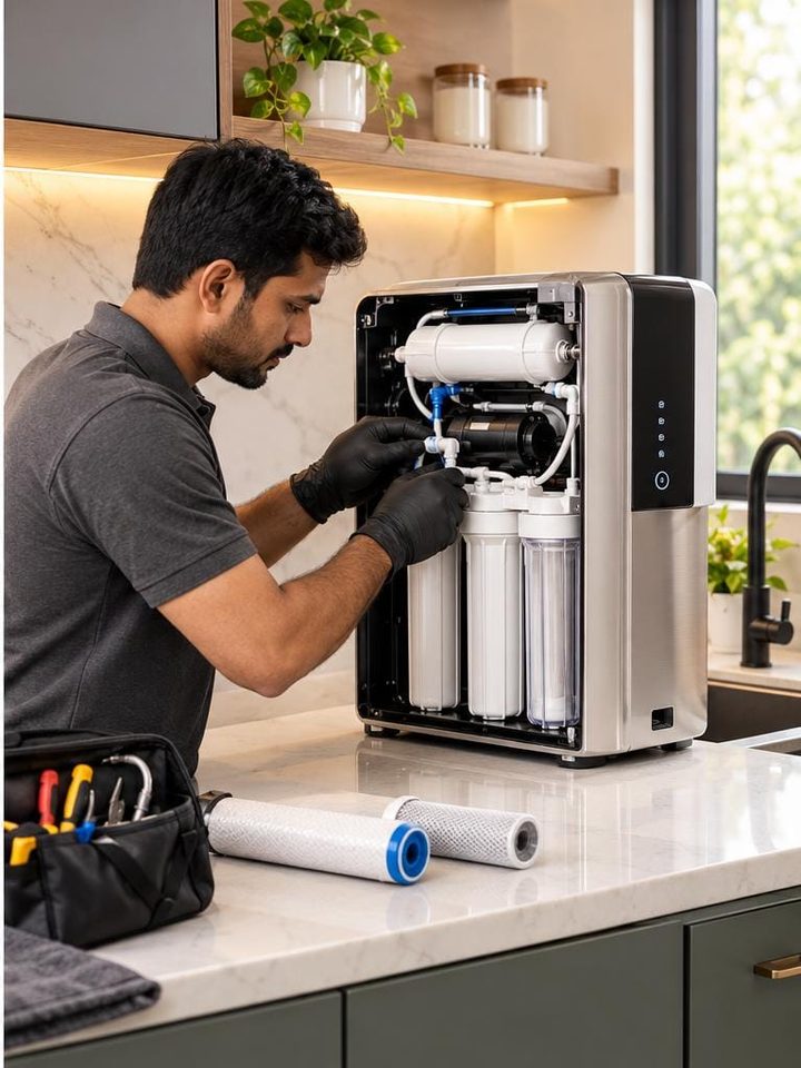 Technician servicing a water purifier at a customer's kitchen counter with filters and tools ready